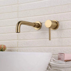 Hotel two hole Wall mounted Faucet Brass Bathroom Sink Single Handle taps Brushed gold basin Faucet