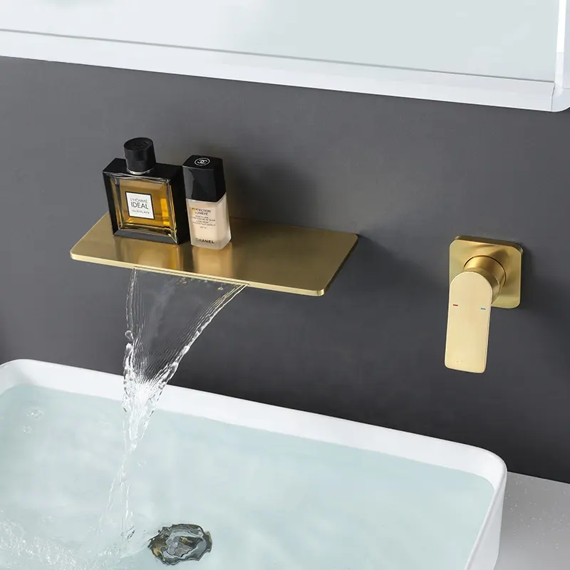 Brushed Gold Waterfall Bathroom Sink Faucet shower set Wall Mount Lavatory basin Faucets Black Mixer Tap