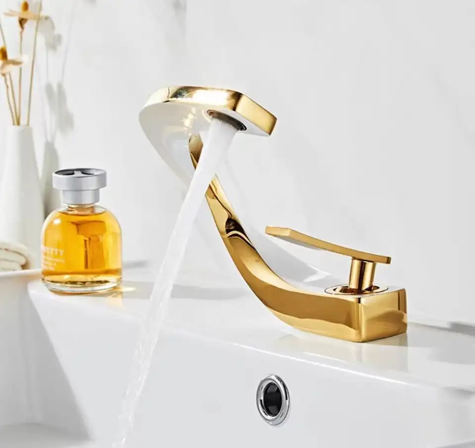 Luxury Modern Art Bathroom Waterfall Sink Faucet with Unique Design C Shape Single Handle White Gold Mixer Tap