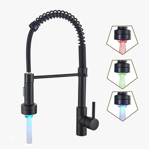 Stainless Steel Spring Commercial Kitchen Faucet Matte Black Single Handle LED Kitchen Sink Faucet With Pull Down Sprayer