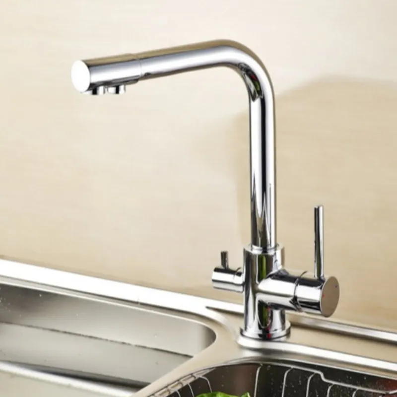 Modern Rotatable Brass double Handle Hot and Cold water Chrome Kitchen Faucet with water filter