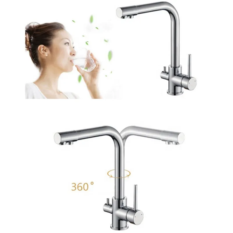 Modern Rotatable Brass double Handle Hot and Cold water Chrome Kitchen Faucet with water filter