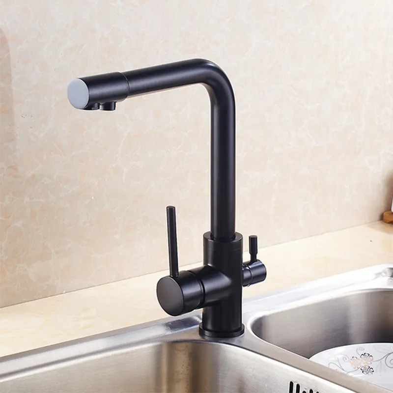 Modern Brass double Handle Matte Black Hot and Cold water Kitchen Faucet with Water Filtering