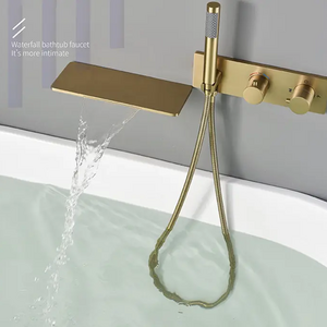 Wall Mounted Thermostatic Bathtub Mixer Waterfall Faucet Brushed Gold Shower Faucet Set With Handheld Sprayer