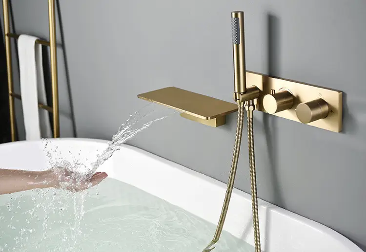 Wall Mounted Thermostatic Bathtub Mixer Waterfall Faucet Brushed Gold Shower Faucet Set With Handheld Sprayer