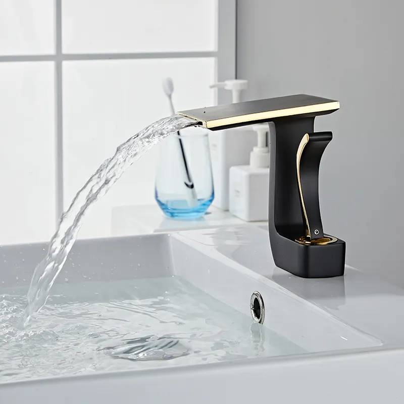 Modern luxury Black and gold faucet bathroom brass waterfall basin mixer faucet, Unique design