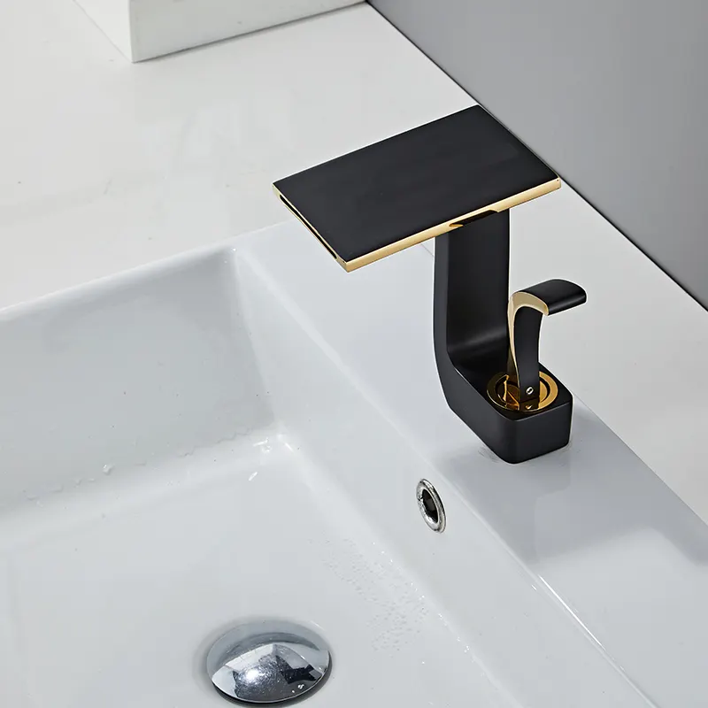 Modern luxury Black and gold faucet bathroom brass waterfall basin mixer faucet, Unique design