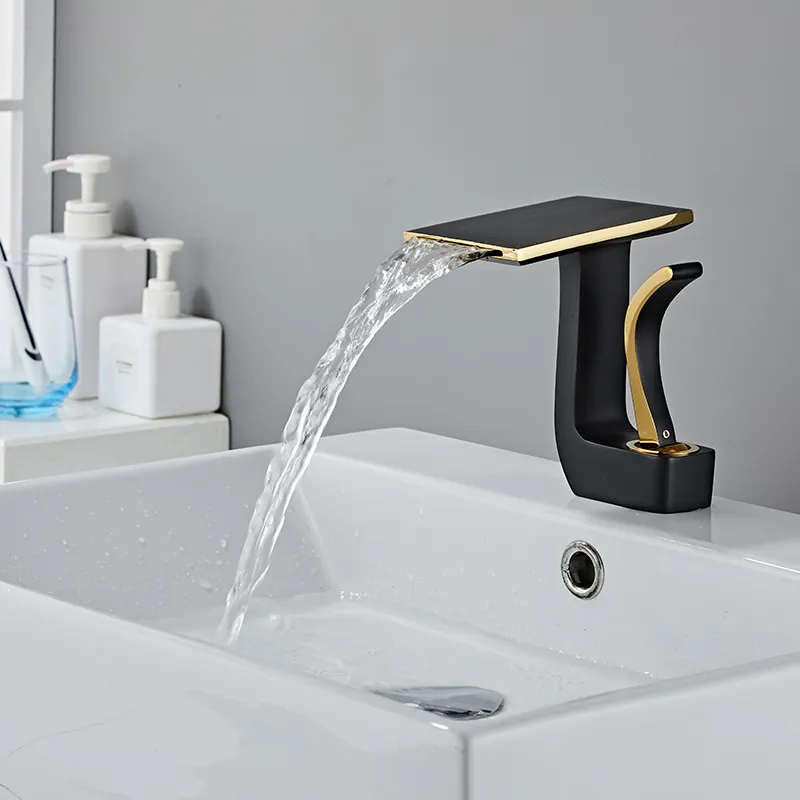 Modern luxury Black and gold faucet bathroom brass waterfall basin mixer faucet, Unique design