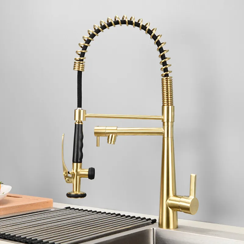 Hot and Cold Brushed Gold Spring Single Handle Brass Kitchen sink Faucet with Pull Down Sprayer and Pot Filler