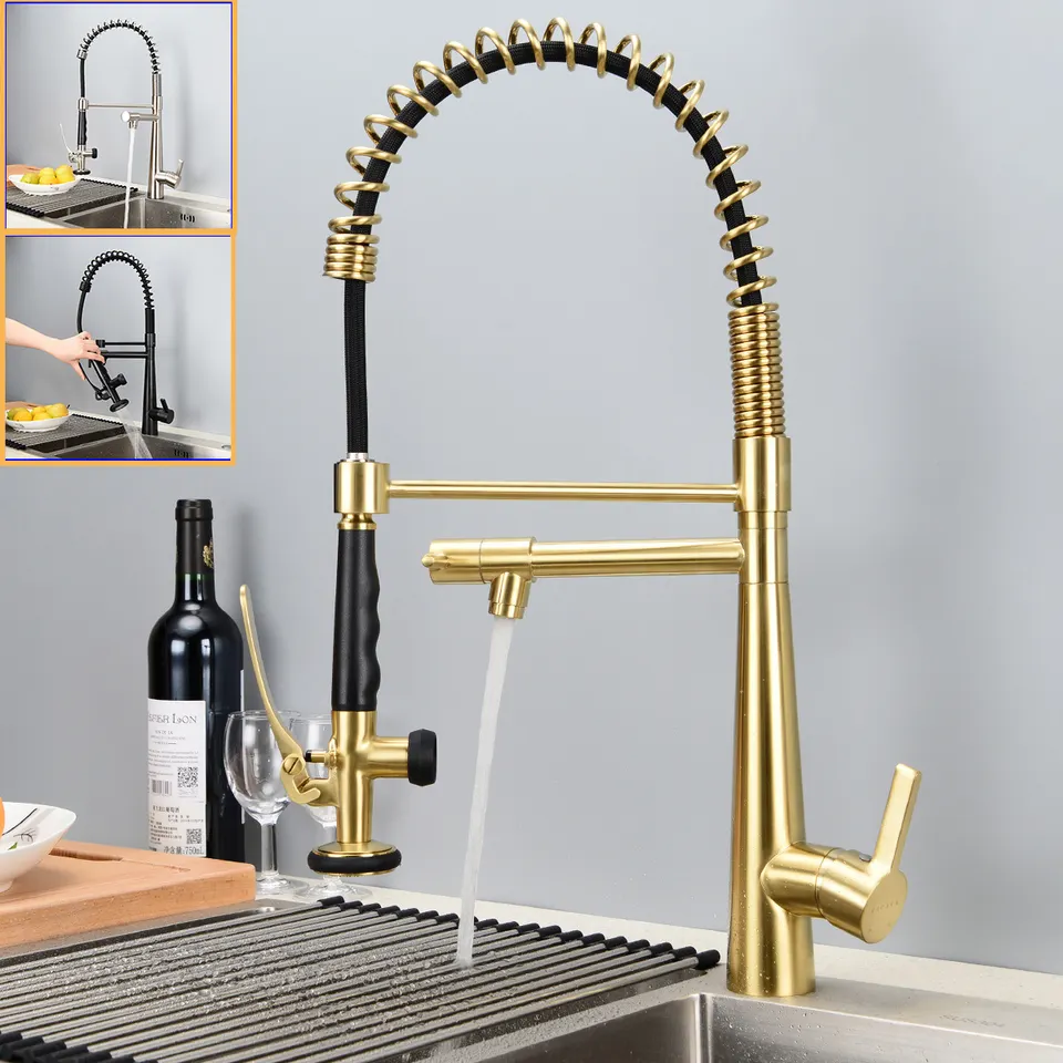 Hot and Cold Brushed Gold Spring Single Handle Brass Kitchen sink Faucet with Pull Down Sprayer and Pot Filler