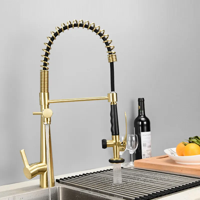 Hot and Cold Brushed Gold Spring Single Handle Brass Kitchen sink Faucet with Pull Down Sprayer and Pot Filler