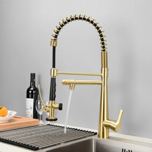 Hot and Cold Brushed Gold Spring Single Handle Brass Kitchen sink Faucet with Pull Down Sprayer and Pot Filler