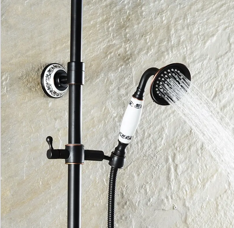 Oil Rubbed Bronze Rain Shower System Set 2 Knobs Mixing 8 Inch Rainfall Shower Head with Handheld Spray Bathroom Shower Faucet