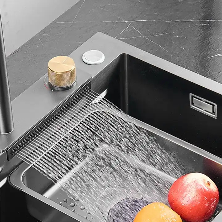 china luxury kitchen sinks 304 stainless steel  farmhouse sink modern waterfall rainfall single bowl kitchen sink set black