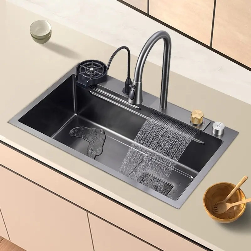 china luxury kitchen sinks 304 stainless steel  farmhouse sink modern waterfall rainfall single bowl kitchen sink set black