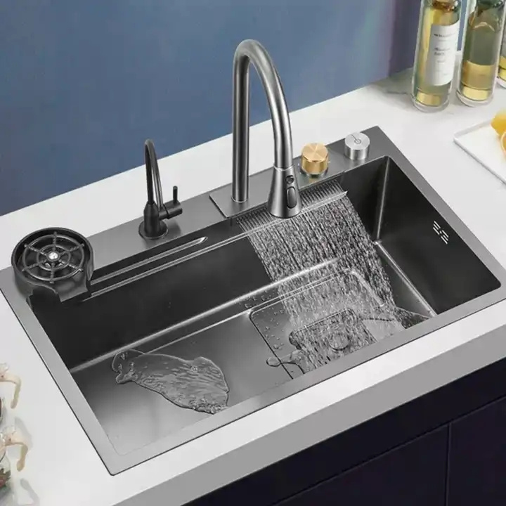 china luxury kitchen sinks 304 stainless steel  farmhouse sink modern waterfall rainfall single bowl kitchen sink set black