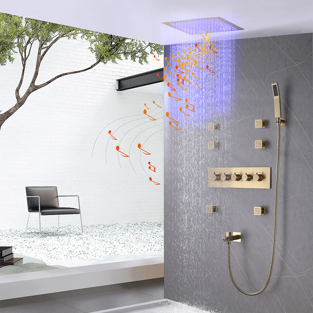 Luxury Large LED Thermostatic 4 Functions Shower Faucet Set Brushed Gold  Music Bath Shower System Set with 16Inch  Shower Head