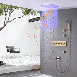 Luxury Large LED Thermostatic 4 Functions Shower Faucet Set Brushed Gold  Music Bath Shower System Set with 16Inch  Shower Head