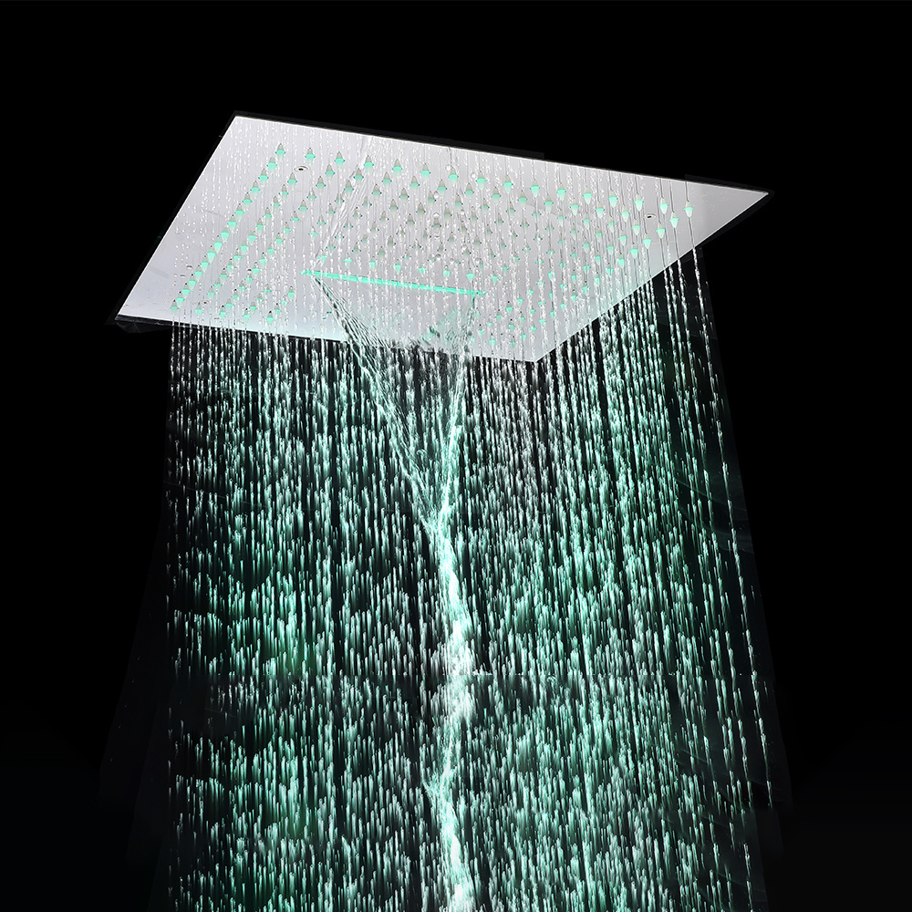 Bathroom led rainfall shower set 4 Function embed ceiling rain showerhead set thermostatic diverter valve with massage body jets