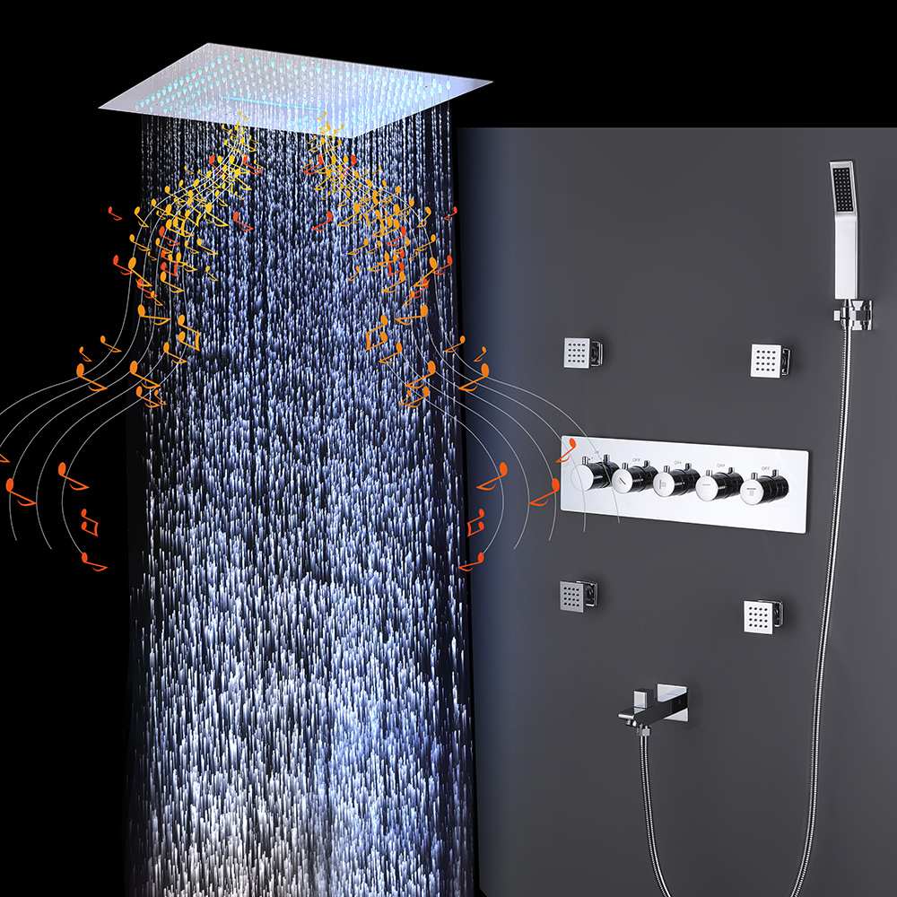 Bathroom led rainfall shower set 4 Function embed ceiling rain showerhead set thermostatic diverter valve with massage body jets