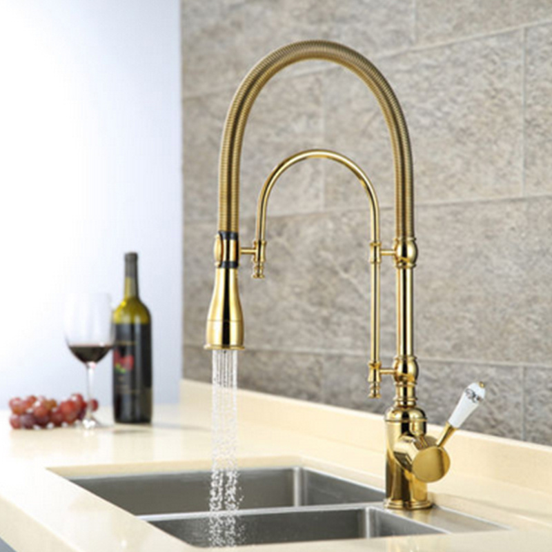 Hot Selling High Quality Gold Hot & Cold Copper 360 Degree Modern Polished Brass Kitchen Sink Faucet