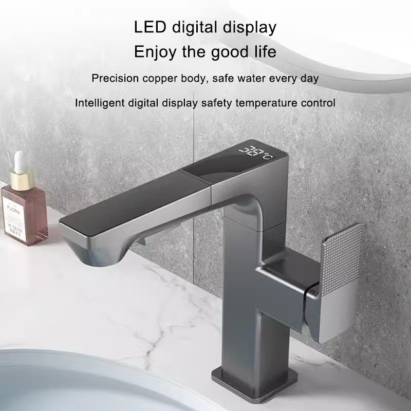 2023 chrome  basin faucet cold hot basin faucet temperature led display modern universal rotary basin faucet