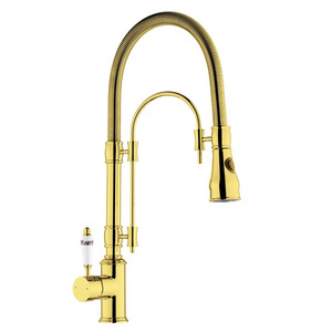 High Arc Polished Gold Swiveling Dual-Mode Pull Down Sprayer Kitchen Sink Faucet Lead-Free Solid Brass Pre Rinse Faucet