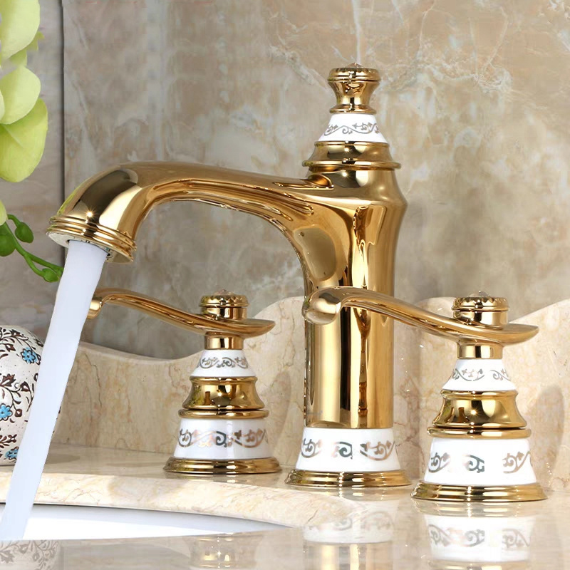 Simple Gold White Full Brass Dual Handle Basin Mixer Faucet Deck Mount Water Spring Cold and Heat Bathroom Faucet