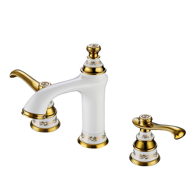 Simple Gold White Full Brass Dual Handle Basin Mixer Faucet Deck Mount Water Spring Cold and Heat Bathroom Faucet