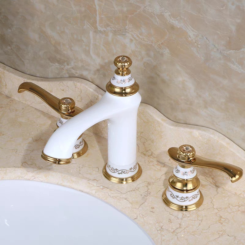 Simple Gold White Full Brass Dual Handle Basin Mixer Faucet Deck Mount Water Spring Cold and Heat Bathroom Faucet