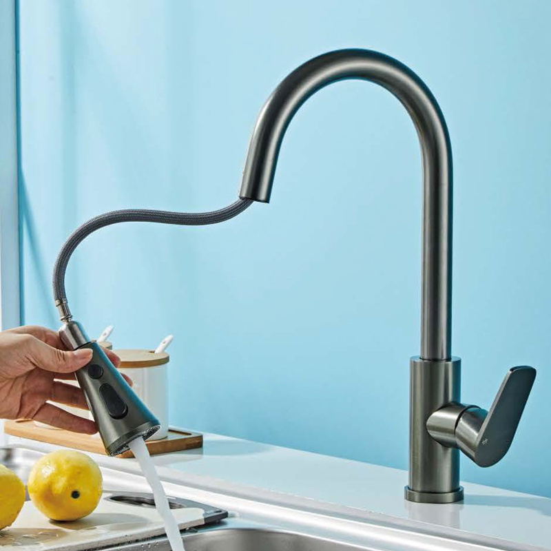 Commercial Modern High Arc Single Handle Grifos De Cocina Gray Kitchen sink Faucet with Pull Down Sprayer