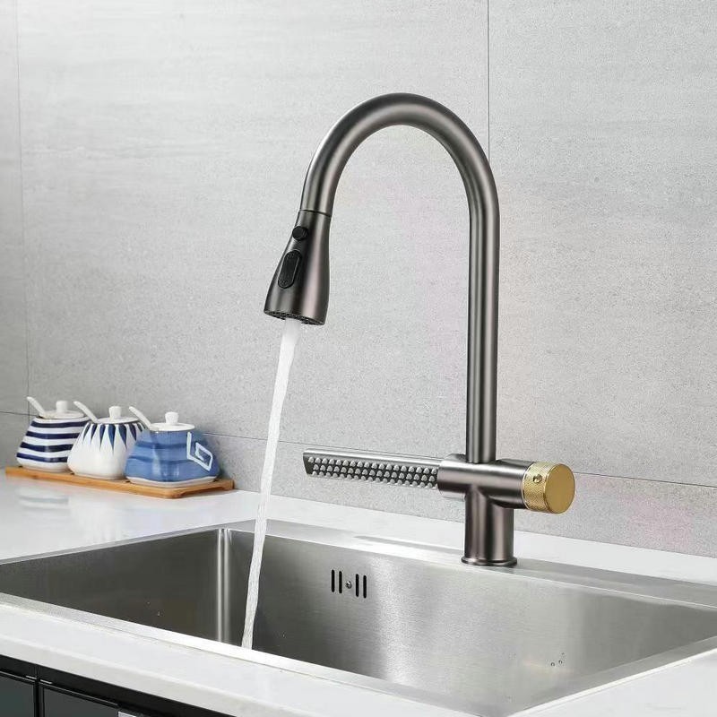 Gun Grey pull out 304 stainless steel waterfall kitchen mixer faucet for kitchen sinks