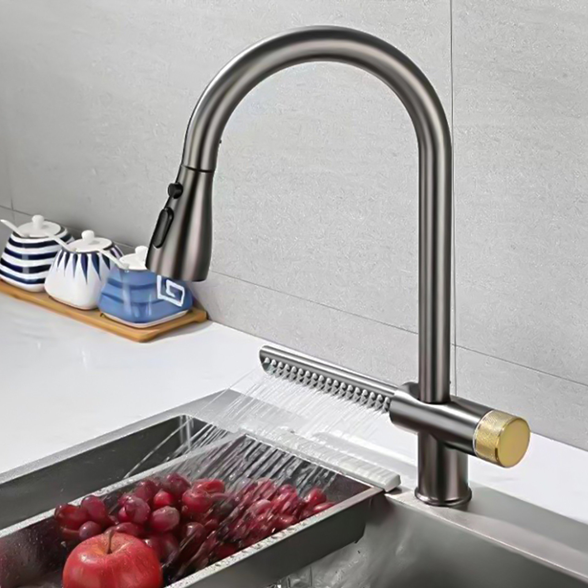 Gun Grey pull out 304 stainless steel waterfall kitchen mixer faucet for kitchen sinks