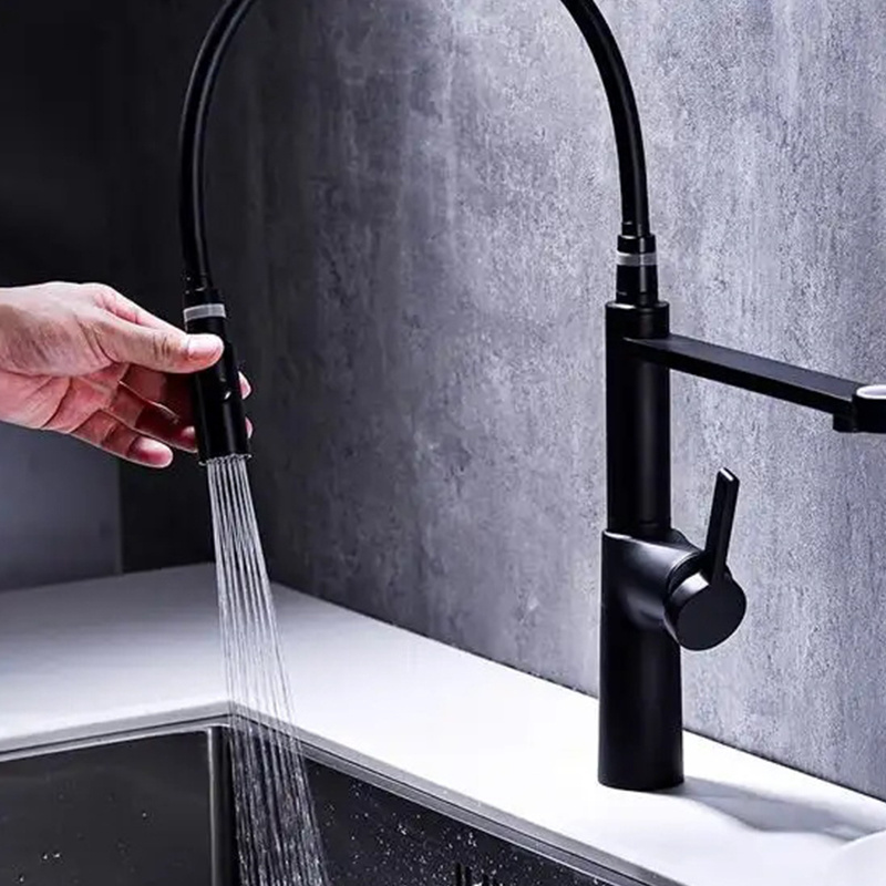 Hot Selling High Arc Black Kitchen Faucet Dual-Mode Pull Out Kitchen Sink Faucets Lead-Free Brass Filter Faucet