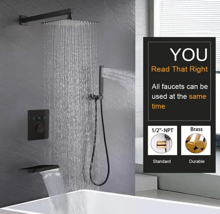 12 inch Matte Black Rainfall shower head  Bathtub Combo, Shower System with Tub  Waterfall Spout Faucet Set