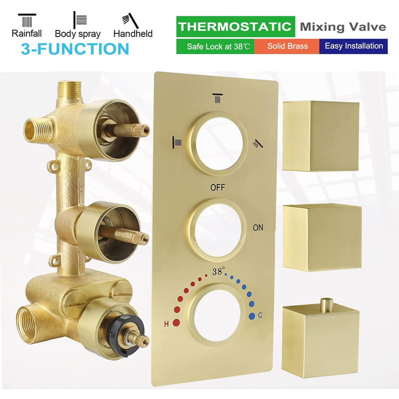 Brushed Gold 3 Ways Shower Diverter Valve and Trim Kit Thermostatic Brass Shower Mixing Valve for Shower System