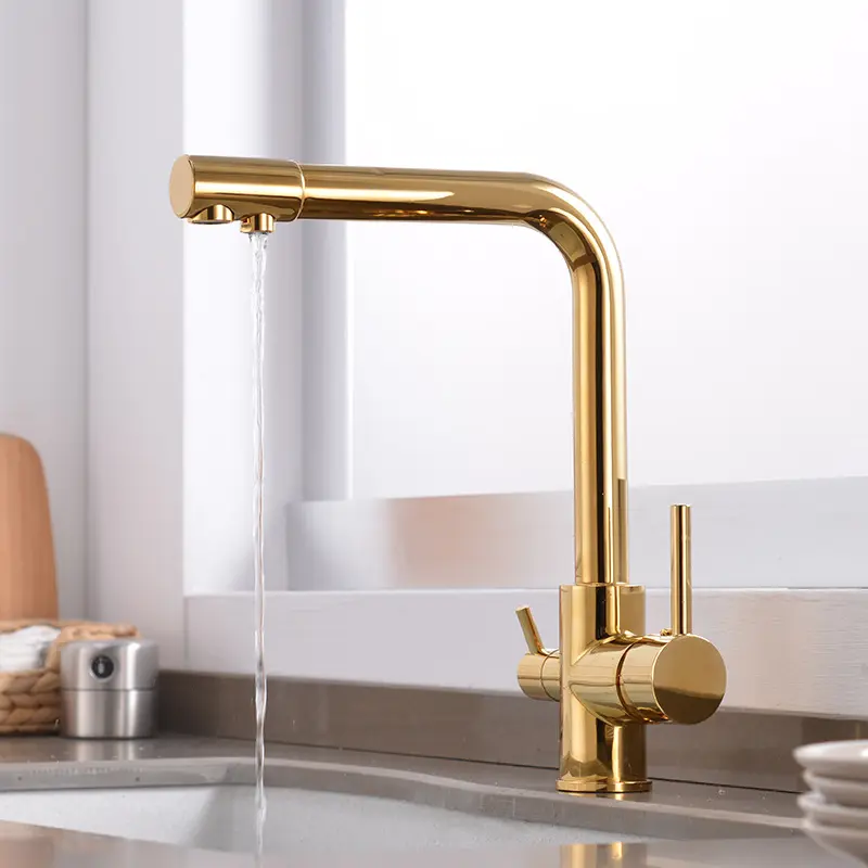 Modern Brass double Handle Gold Water Filter drinking faucet, Hot and Cold water 3 way Kitchen Faucet