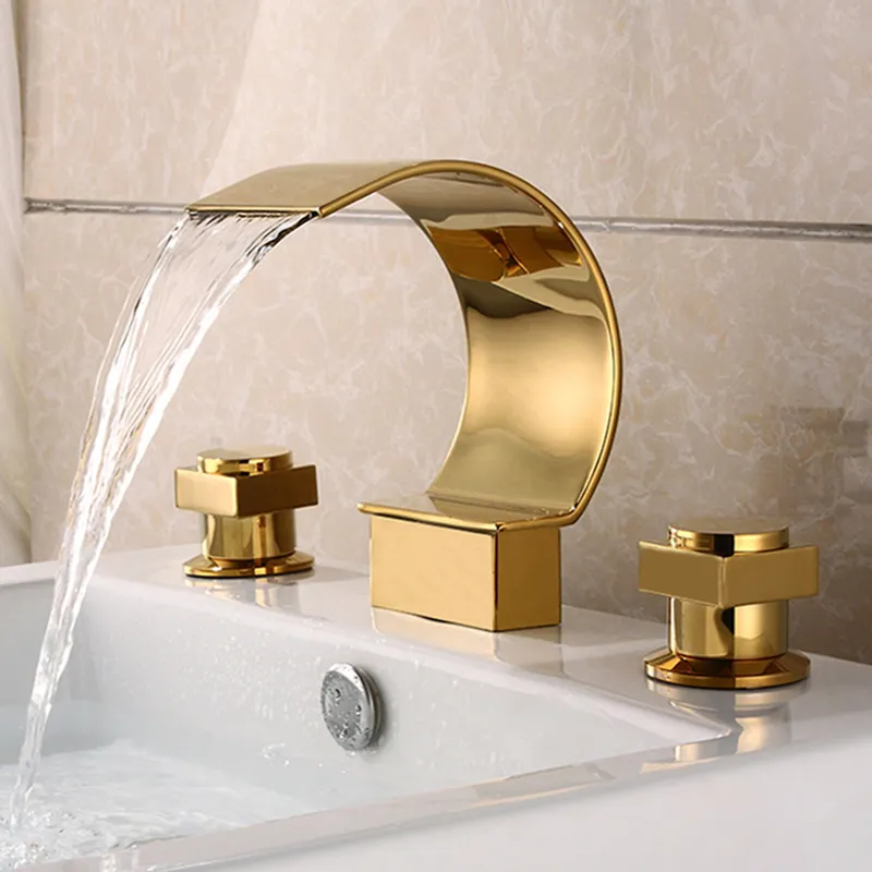 Modern Art Waterfall Widespread Gold brass Bathroom Sink Faucet Double Handles Vanity Basin Mixer Tap