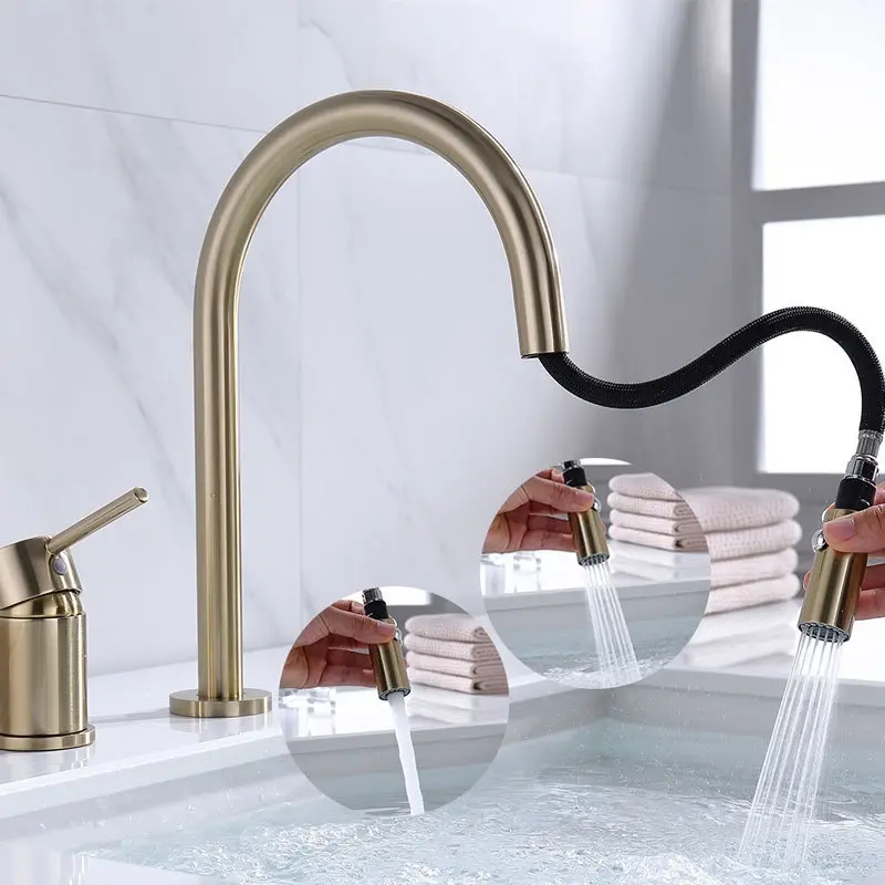 Brass Pull Down Wash Sink Single Handle Bathroom Brushed Gold Basin Faucet Basin Mixer Tap Faucet