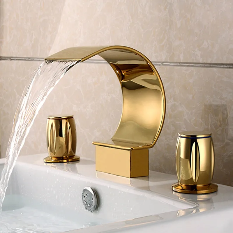 Modern Art Waterfall Widespread Gold brass Bathroom Sink Faucet Double Handles Vanity Basin Mixer Tap