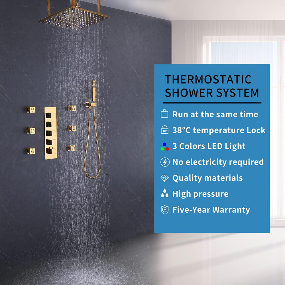 High Quality  16 inches Brass LED Thermostatic Shower Sets Four Functions Rain Shower Faucets Sets Gold Shower System Set