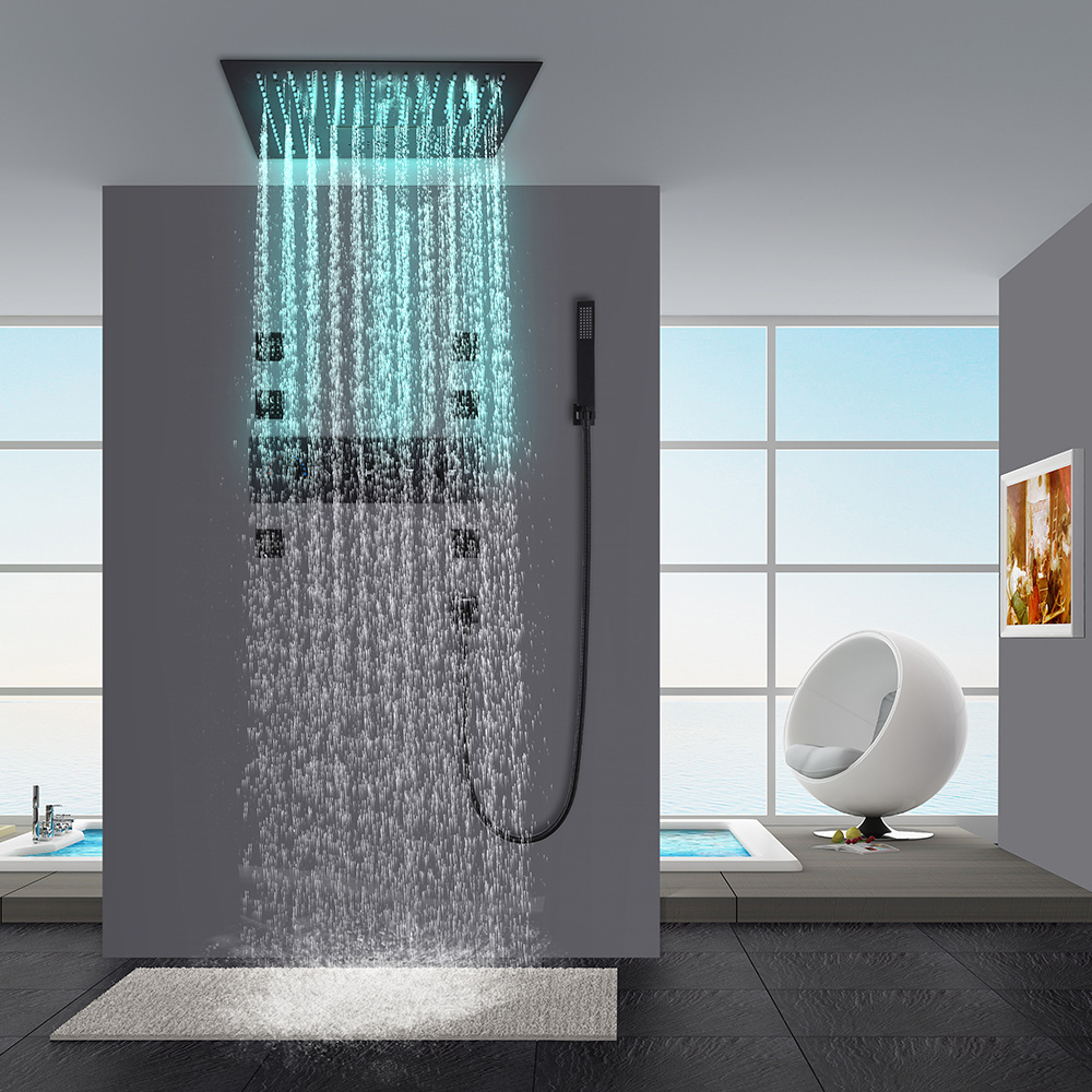 Luxury ceiling mounted black Thermostatic led Light music rainfall waterfall bathroom shower set system Shower Combo Set