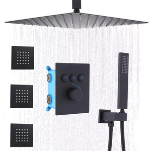 Black 16inch Ceiling concealed Rainfall Thermostatic bath Shower System Faucet Sets Complete