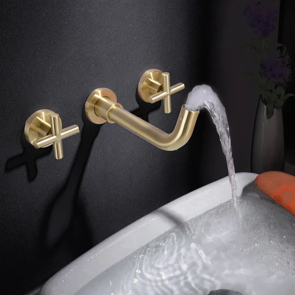 Basin Tap Brass 3 Hole Wall Mounted Brushed Gold bathroom Faucet Mixer