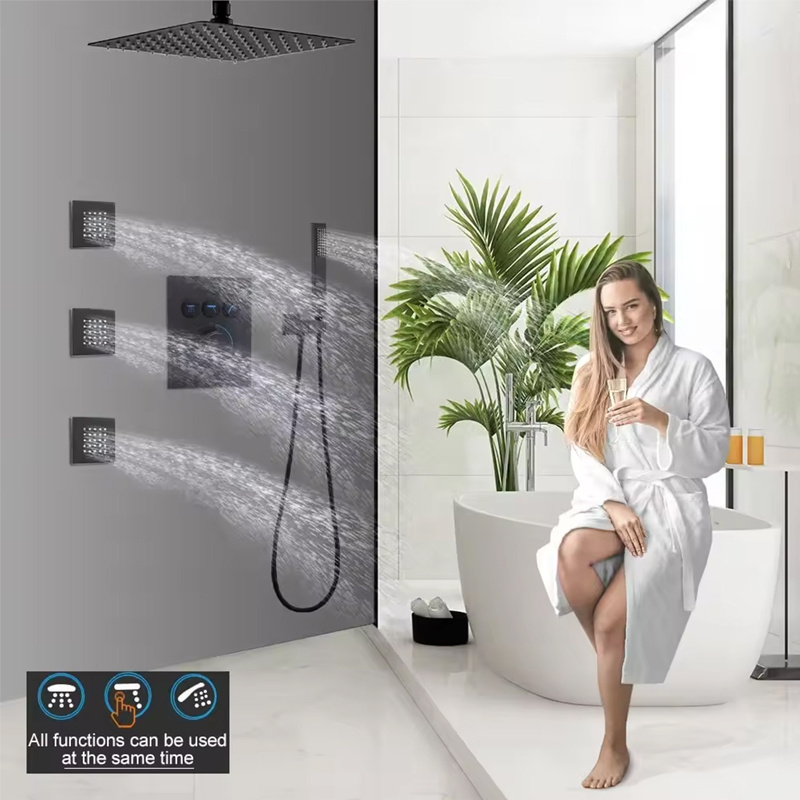 Black 16inch Ceiling concealed Rainfall Thermostatic bath Shower System Faucet Sets Complete