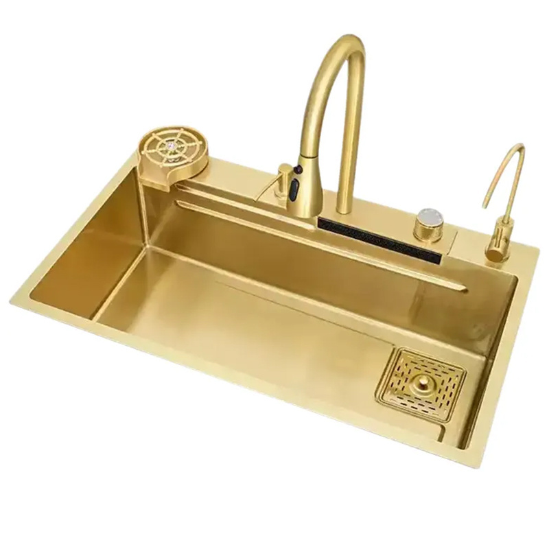 Multifunction kitchen sinks 304 stainless steel kitchen sink faucet modern Gold waterfall rainfall single bowl kitchen sink set