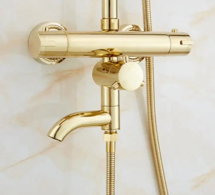 Luxury Gold Exposed Shower System With Rotatable Bathtub Faucet Round Shower Head with Hand Held Shower