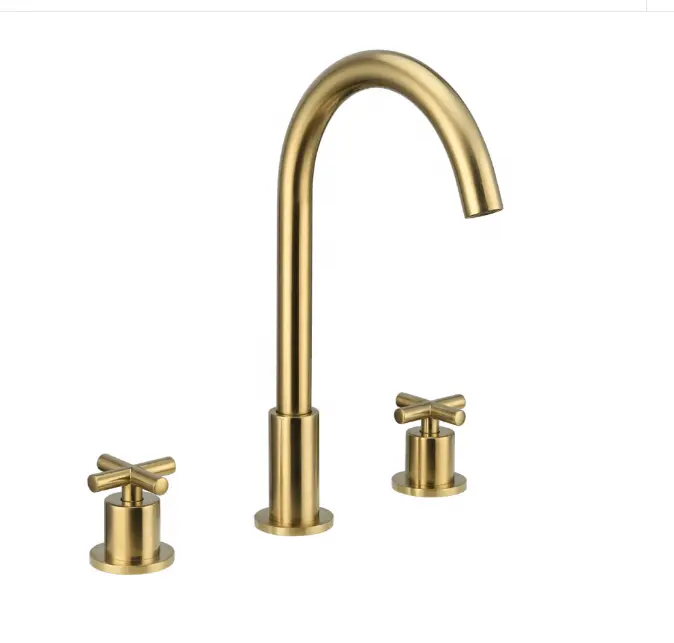 High Quality New Design Bathroom Faucet 3 Holes Mixer Tap with Two-handle Cross Handle Widespread Bathroom Faucet Brushed Gold