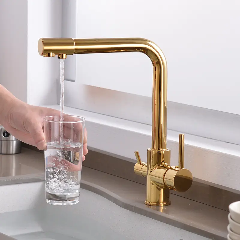 Modern Brass double Handle Gold Water Filter drinking faucet, Hot and Cold water 3 way Kitchen Faucet