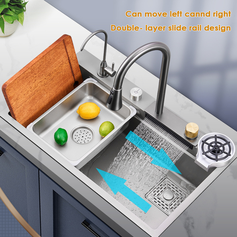 Modern fashion sus304 waterfall multifunction smart stainless steel sink glass rinser kitchen sinks